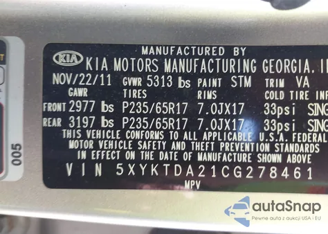 2012 Kia Sorento Lx V6 из США, поврежденный, VIN 5XYKTDA21CG278461